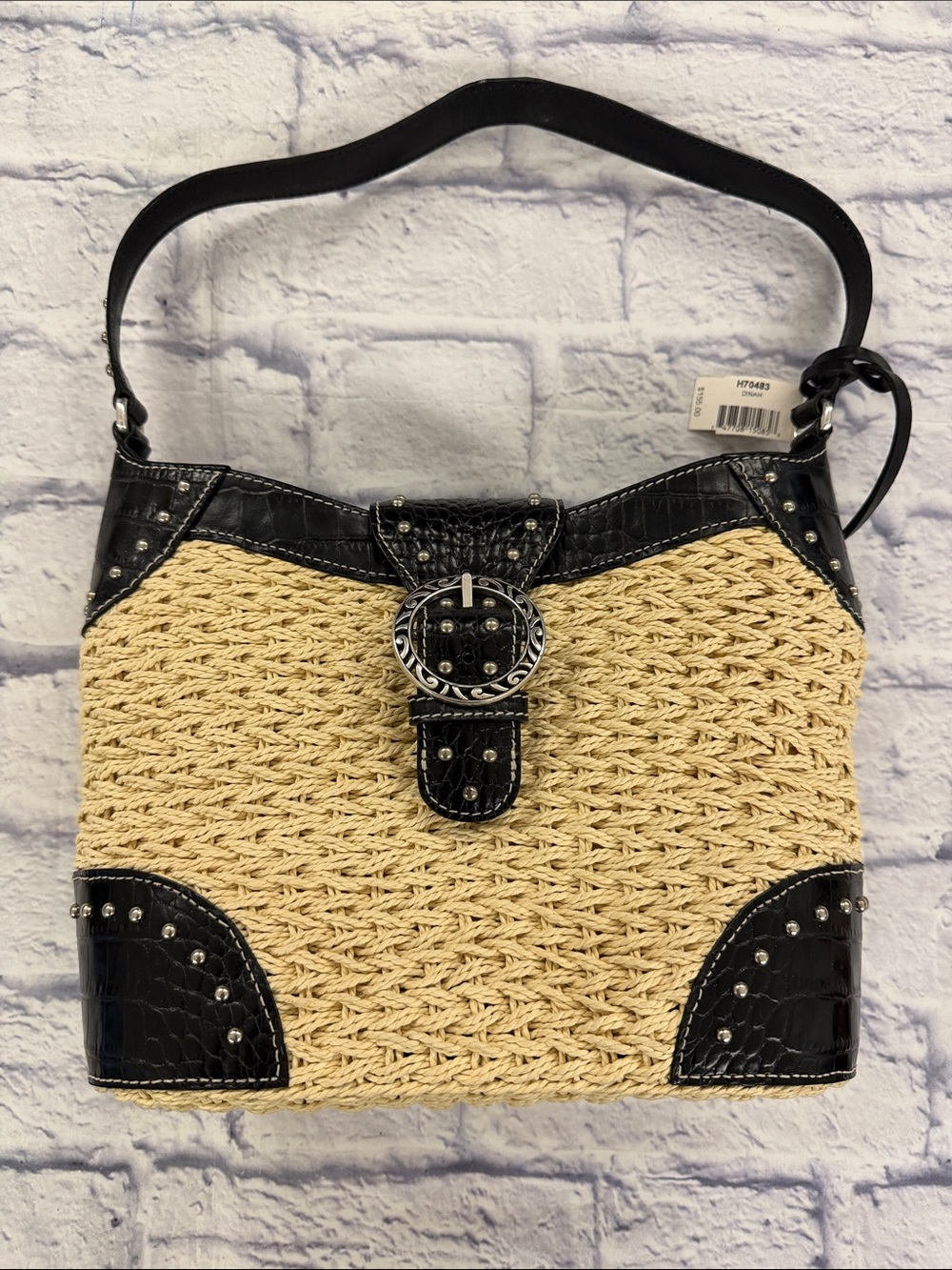 Brighton Dinah Woven Straw Shoulder Bag with Black Trim, Magnetic Closure.